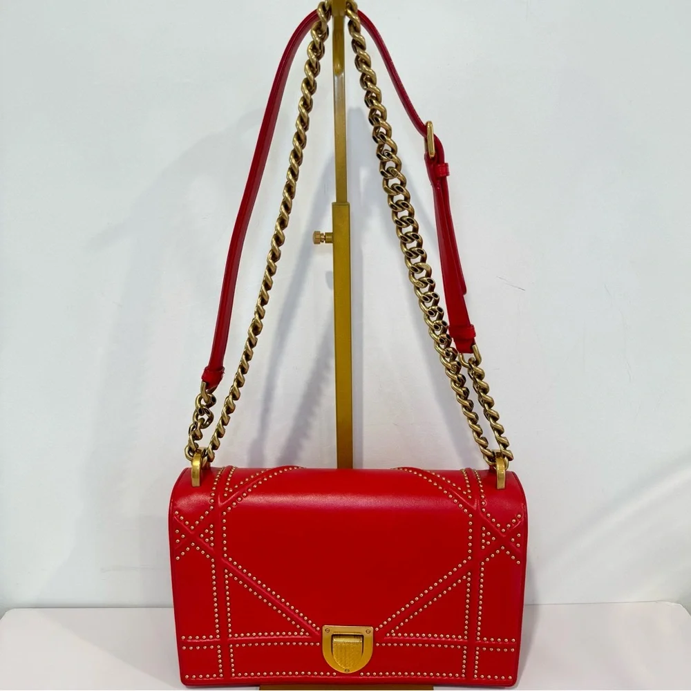 Christian Dior Diorama Red Leather Medium Flap Bag W Gold Studs & Chain Strap